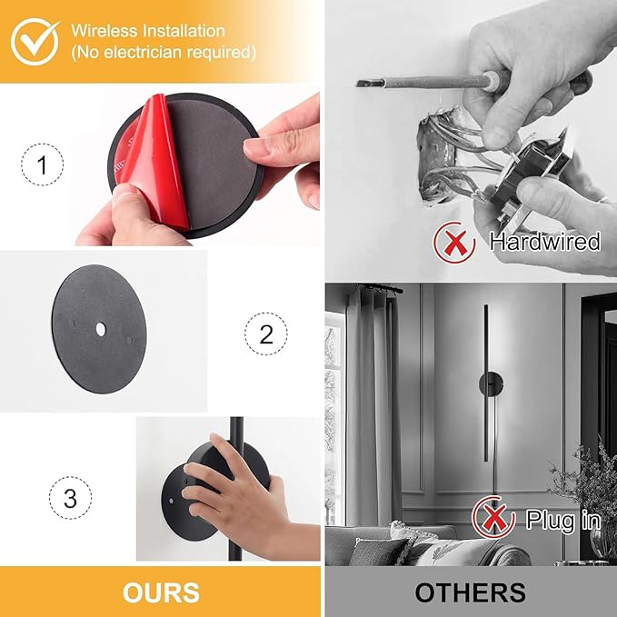 Wireless USB Rechargeable LED Wall Sconce Light (Set Of Two), Cordless Dimmable 3-light option, 360⁰ Rotateable with Remote Control for Bedroom, Bathroom, Living Room & Hallway. 28.3 inches (Black)