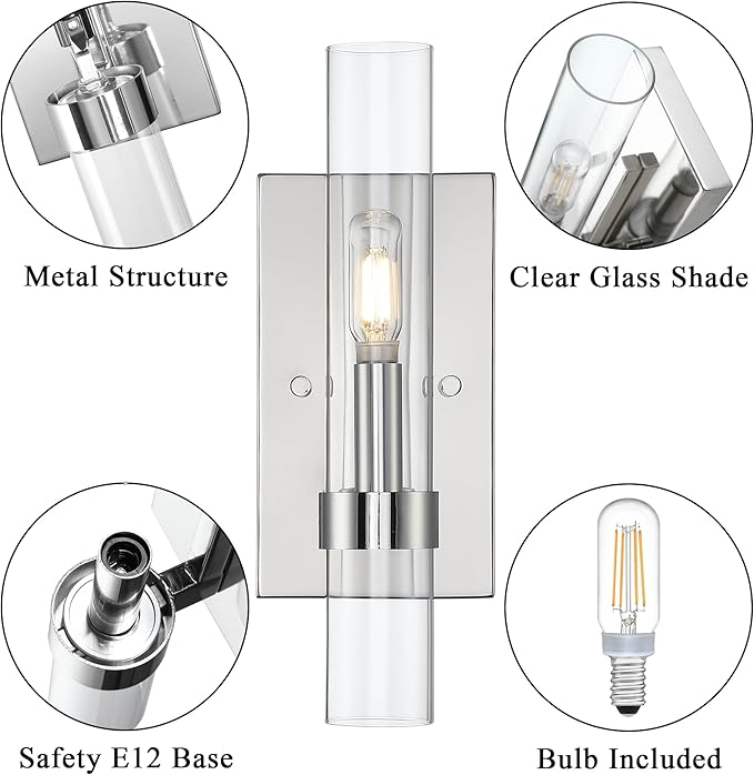 Untrammelife Polished Nickel Wall Sconce, Modern Vanity Light Fixtures, Dimmable Sconces Wall Lighting with Clear Glass Shade, Wall Lights for Bedroom Living Room Mirror, E12 Base(LED Bulb Included)