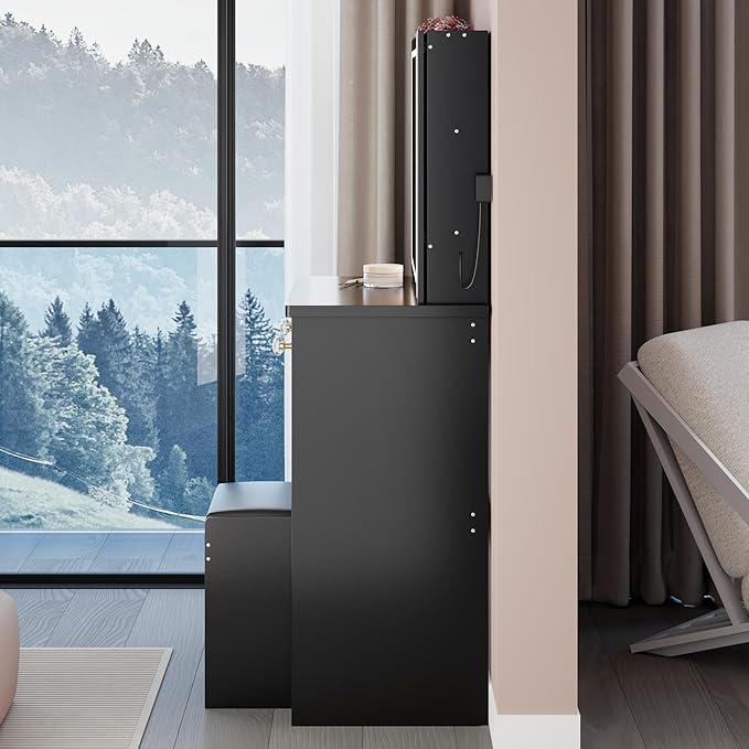 37" Vanity Desk with Mirror and Lights, Makeup Table with Led Lights and Sliding Mirror, 3 Lighting Colors, Vanity Set with Drawers and Stool for Bedroom, Black