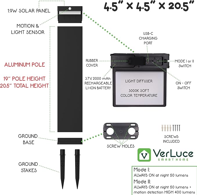Solar Pathway Lights - Walkway Solar Lights for Outside - PIR Sensor & Two Lighting Modes - Rechargeable Battery Lasts Up to 55 Hours - 3000K - IP44 Weather Resistant - 2 Pack