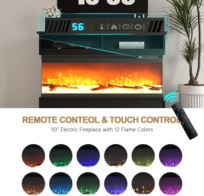 4 EVER WINNER Fireplace TV Stand with 50" Electric Fireplace, Fireplace Entertainment Center with 3-Side Glass Insert, 3 Drawers, TV Consoles for Living Room, Black