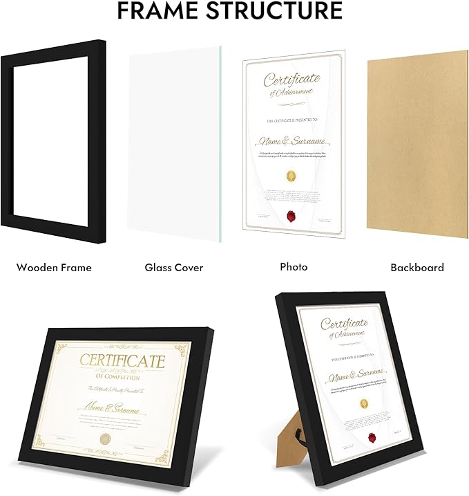 8.5 by 11 Diploma Picture Frame, Made of Real Glass and Wooden Certificate Frame, Horizontal and Vertical Display for Wall or Tabletop (Black, 1Pack)