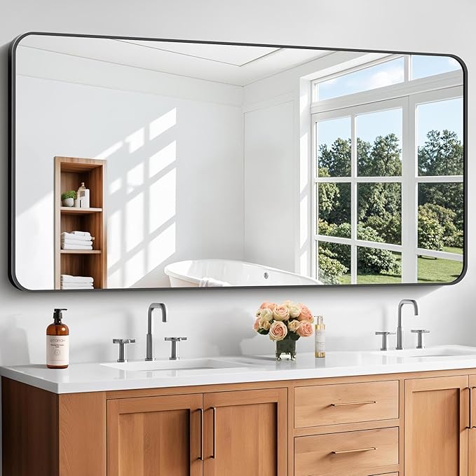 Bathroom Mirror, 30x60 inch Black Rectangle Wall Mirror, Metal Frame Rounded Corner Vanity Mirror, Large Wall Mounted Mirrors for Over Sink Bedroom Living Room Horizontal Or Vertical Mounting