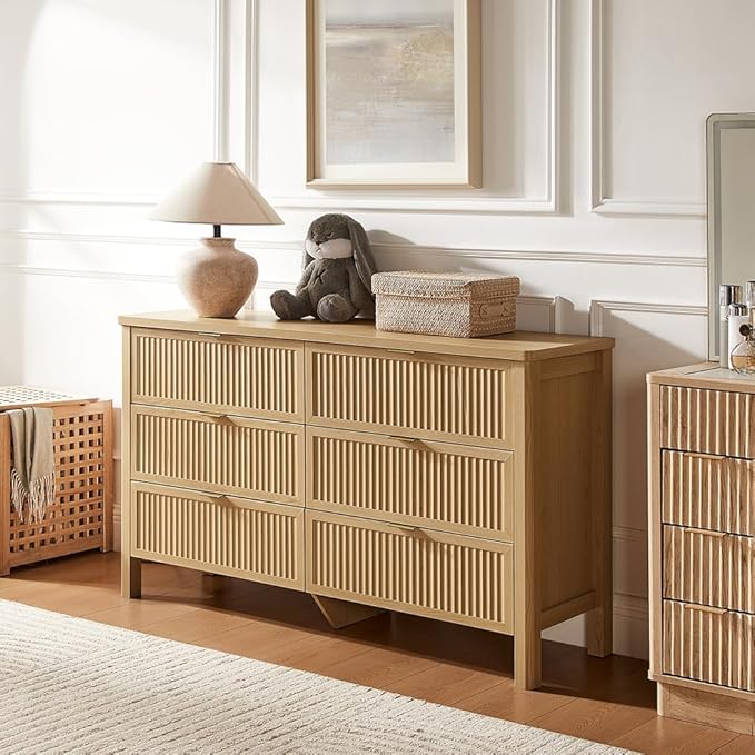 Fluted 6 Drawers Dresser for Bedroom, 55 Inch Wide Modern Wood Chest of Drawers, Mid Century Chests Drawer Clothing Organizer for Hallway (Natural Oak)