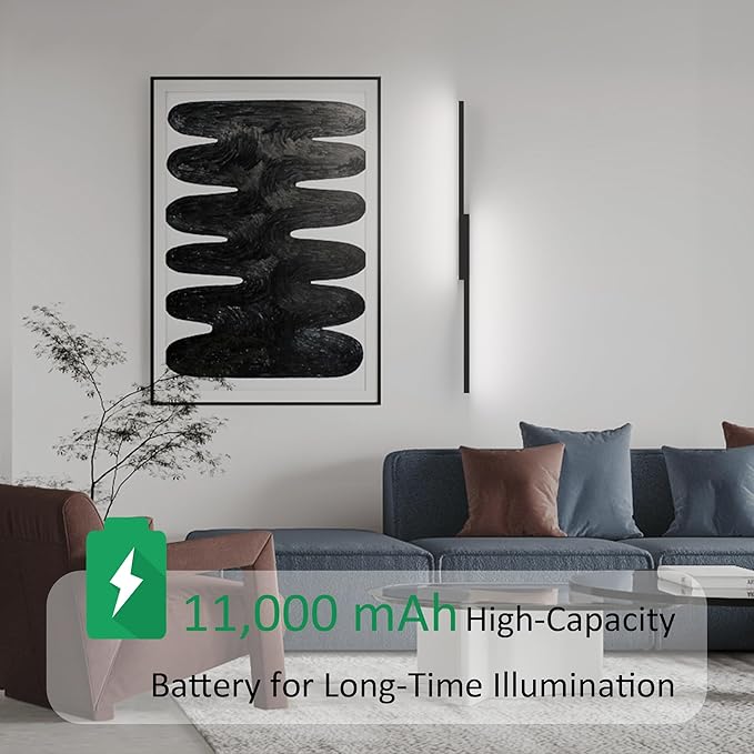 Aipsun 31.5inch Black Battery Operated Wall Sconce Set of 2, Rechargeable Wall Sconce Lighting Dimmable Wireless Wall Lights for Living Room,Bedroom