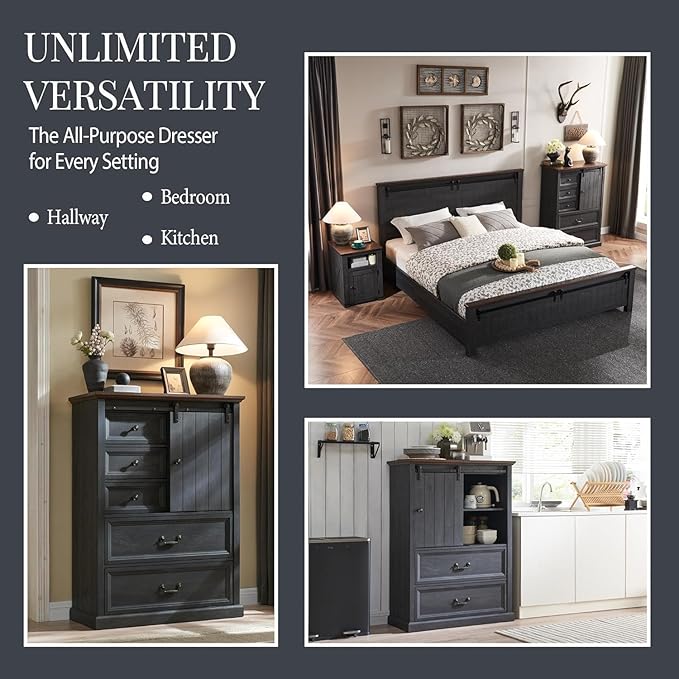 Farmhouse 5 Drawers Dresser for Bedroom, 47" Tall Chest of Drawers w/Sliding Barn Door, Rustic Wood Dressers Organizer w/Adjustable Shelves for Bedroom, Hallway, Living Room, Kitchen, Dark Grey