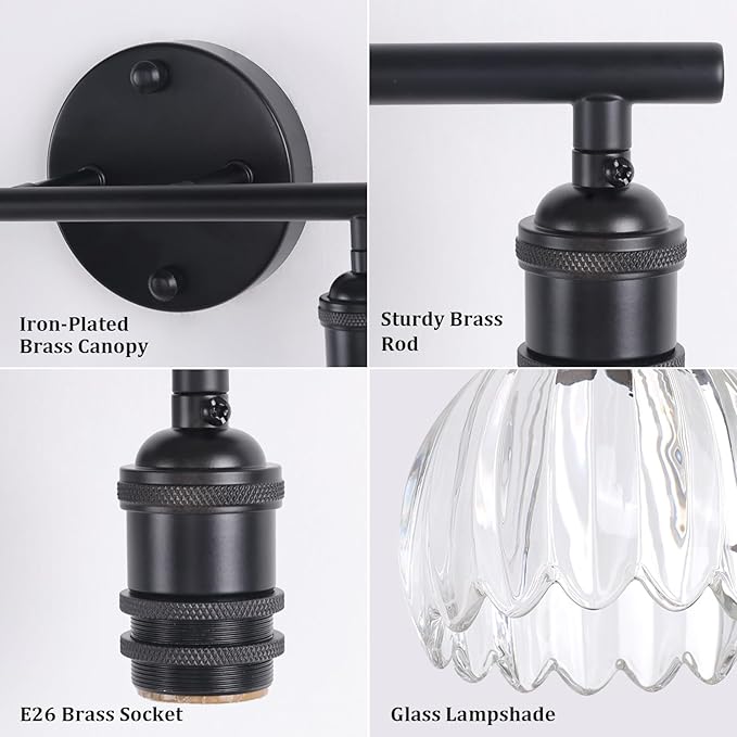 Bathroom Light Fixtures, 2-Light Black Vanity Wall Light Over Mirror with Clear Tulip Glass Shade for Bedroom Living Room