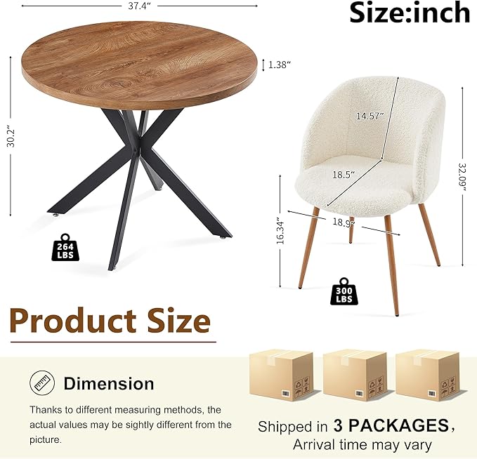 3 Pieces Dining Table Set for 2, Home Kitchen Round Dining Table with Thick Tabletop and 2 Upholstered Arm Chairs, Faux Wood Round Table with Comfy Accent Chair for Living Room,Restaurant