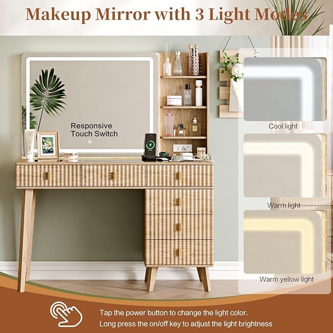 Large Makeup Vanity Desk with Mirror and Lights, Vanity Desk with 6 Drawers & Storage Shelves, Vanity Table with Power Outlet, 3 Color Modes & Adjustable Brightness Dressing Table, Bedroom,Oak