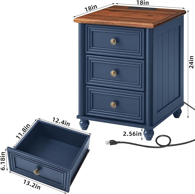 18" Farmhouse Night Stand Set 2 with Charger Station, Blue 2 & 3 Drawers Wood Nightstand, Bedside End Table with Storage and Roman Column, Bed Side Tables Cabinet for Bedroom, Living Room, and Closet