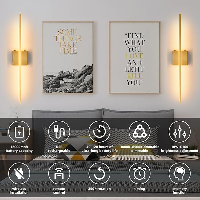 Battery Operated Wall Sconces set of 2, 16000mAh Brushed Gold Rechargeable Wall Sconce with Remote Control, 3000K-6000K Dimmable LED Wireless Wall Light for Living Room Hallway Bedroom Stairs 29 Inchs