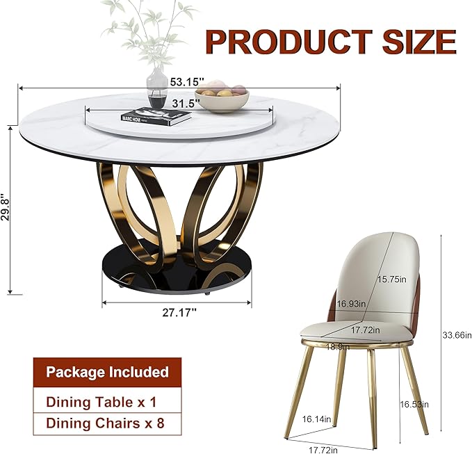 Dining Table Set with 8 Chairs, 53" Round Modern Marble Dining Table with Lazy Susan, Sintered Stone Top for Kitchen, Dining Room, Dinette