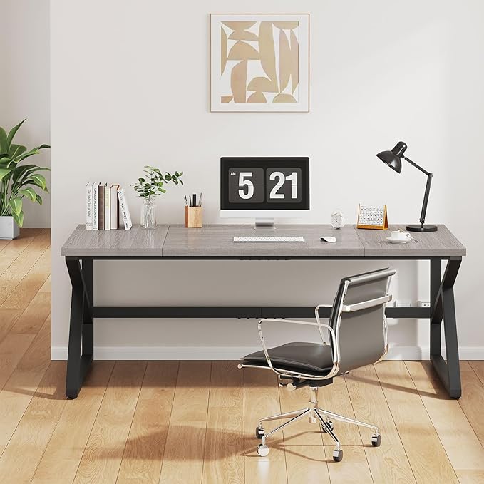 IBF 70 Inch Large Home Office Desk, Industrial Long Executive Work Writing Study Computer Table, Farmhouse Big Metal Wood Double Desk for Bedroom Living Room, Rustic Dual Monitor Desk, Light Grey