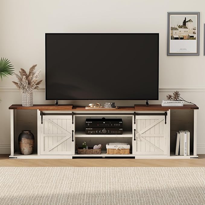 Extendable TV Stand, Entertainment Center for 85 95 105 Inch TV, Farmhouse TV Stand with Large Capacity Storage and Sliding Doors, Media Console for Living Room, Length 86"-113", White