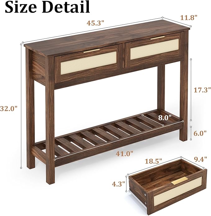 Console Tables with 2 Drawers,Rattan Entryway Table with Storage Shelf,Wood Boho Foyer Tables for Entryway,Farmhouse Console Tables for Living Room,Hallway, Sofa Table,Study Or TV Wall