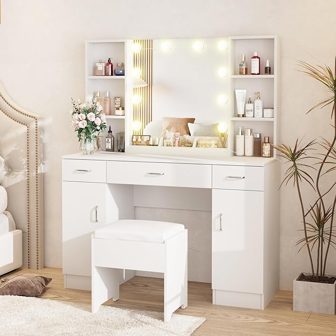 Vabches Vanity Desk with Lighted Mirror, Large Makeup Vanity Table Set with Bench & Cabinets, 45.2inch (W), White