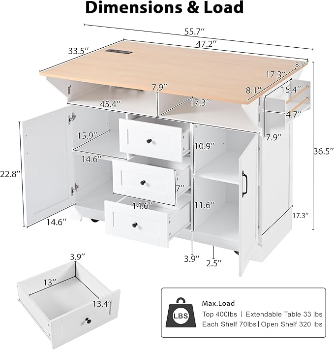Kitchen Island with 2 Drop Leaf, Home Cart Island on Wheels Foldable Dining Table with Power Outlets,3 Drawers,Storage Cabinet, Tower Rack(White)