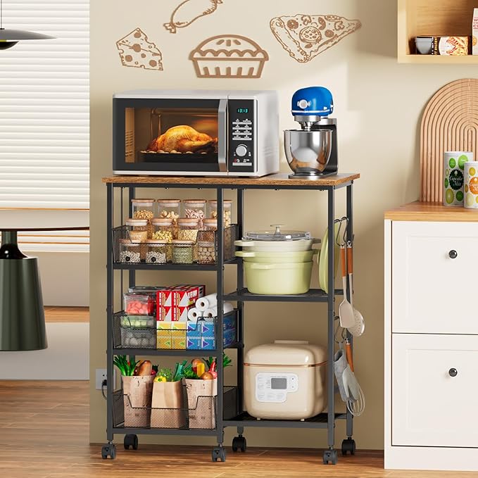 Rolling Kitchen Storage Microwave Cart, Kitchen Island with Adjustable Shelf on Lockable Wheels, Countertop 27.75"L × 15.35"W, Bakers Rack with Tilt-Out Baskets, for Kitchen, Coffee Bar, Living room