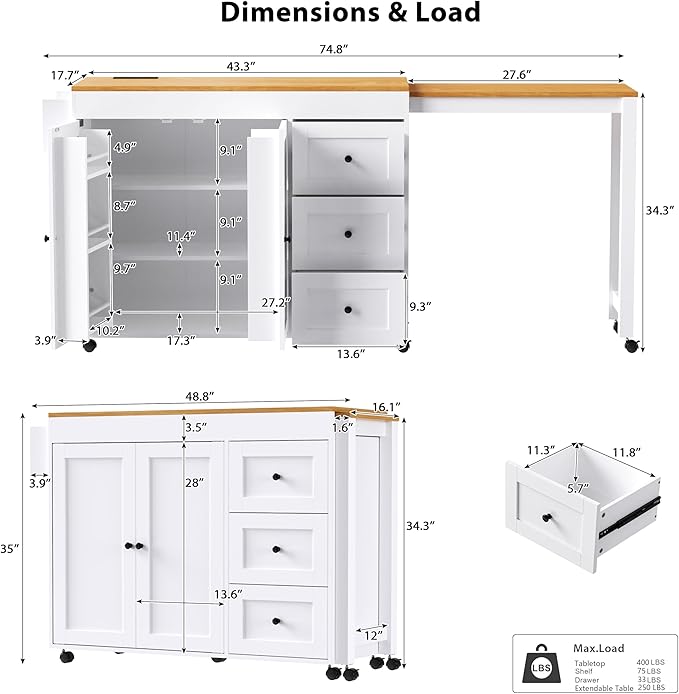 Rolling Kitchen Island on Wheels with Extendable Dining Table, Kitchen Storage Cart with 3 Drawers and Spice Rack, White