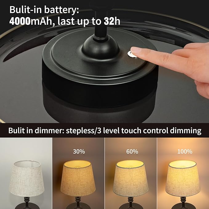 ONEWISH Small Cordless Lamp, Battery Operated Table lamp Dimmable, 4000mAh Rechargeable, Touch Bedside Lamp with Beige Linen Shade, 2700K Bulb Included, for Dining, Patio, Bathroom(Black)