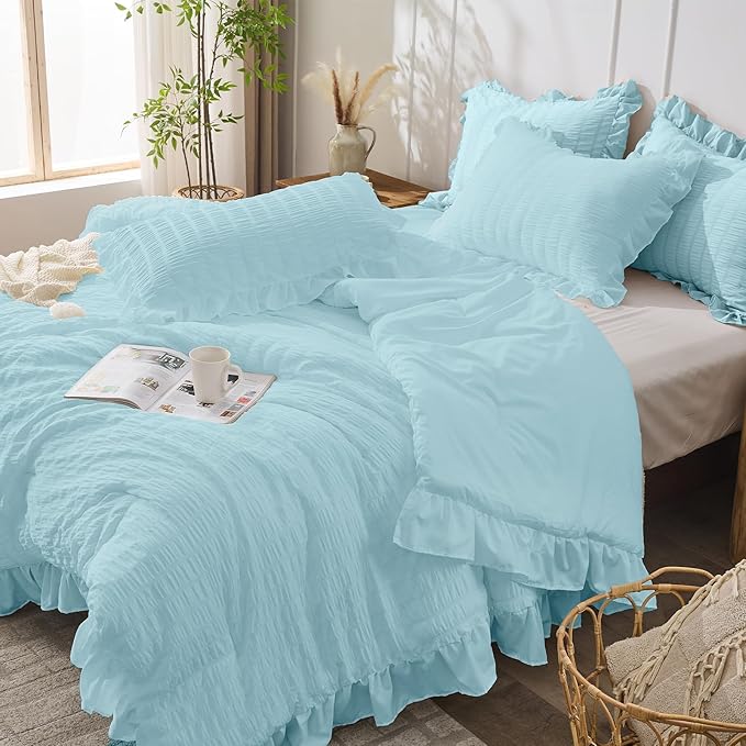JOLLYVOGUE Light Blue Queen Comforter Set, 3 Pieces Seersucker Comforters Queen Size, Lightweight & Fluffy Bedding Sets for All Season with 1 Ruffle Comforter & 2 Ruffle Pillowshams