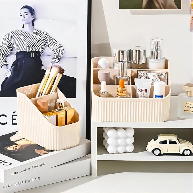 DASITON Large Capacity Makeup Brush Holder,3 Slots Makeup Brush Cup,Vintage striped Make Up Brush Holder,for Vanity Decor,Bathroom Countertops,Desk Storage Container,Cosmetic Display cases(Cream)