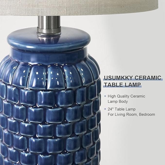 24 inches Modern Ceramic Dark Blue Bedside Lamp Set of 2 for Bedroom Decor Farmhouse Table Lamp for Living Room Office Dorm