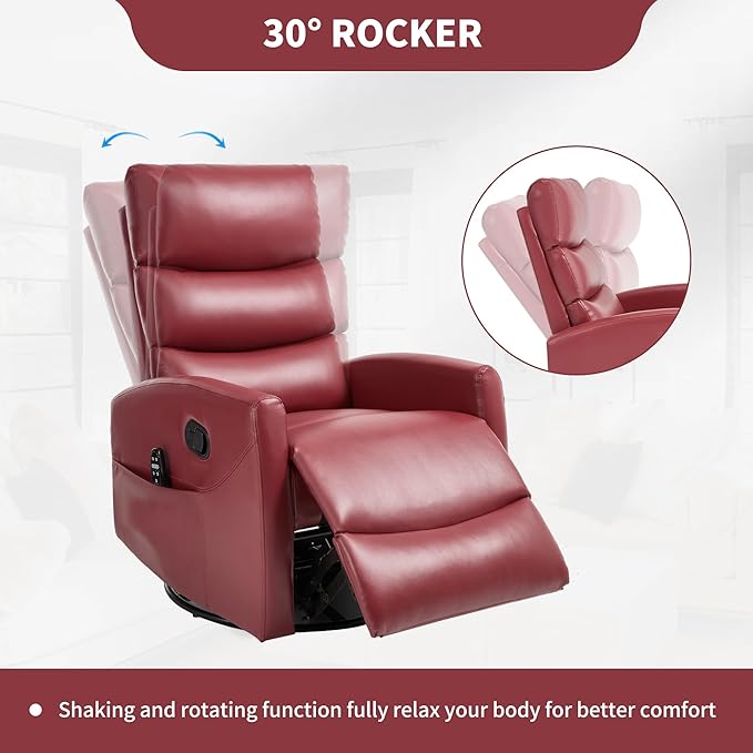 PELUMY Massage Recliner Chair with Heat - Manual Rocker Swivel Recliner, 360° Rotation & 155° Recline for Living Room（Breathable Leather, Red）