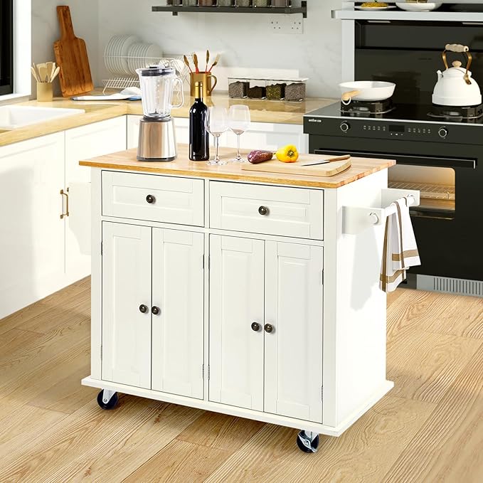 VOWNER Rolling Kitchen Island, Portable Kitchen Island with Storage, Floating Kitchen Cart with Spice Rack & Towel Rack, Drawer and Storage Cabinet, Isla para Cocina (White)