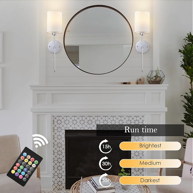 Battery Operated Wall Sconces Set of Two,Wireless Rechargeable Wall Light With Remote Control, Dimmable, Amber Light/Warm White/Natural White/Daylight/RGB,Timer,for Living Room,Bedroom,Entryway,Chrome