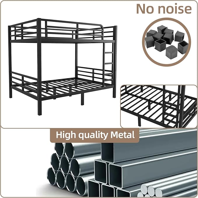 Full Over Full Bunk Bed Frame, Heavy Duty Metal Loft Bed for Adults/Teens, 350/500LB Capacity w/Ladder & Guardrail, Noise-Free Steel Slats, No Box Spring Required, Black