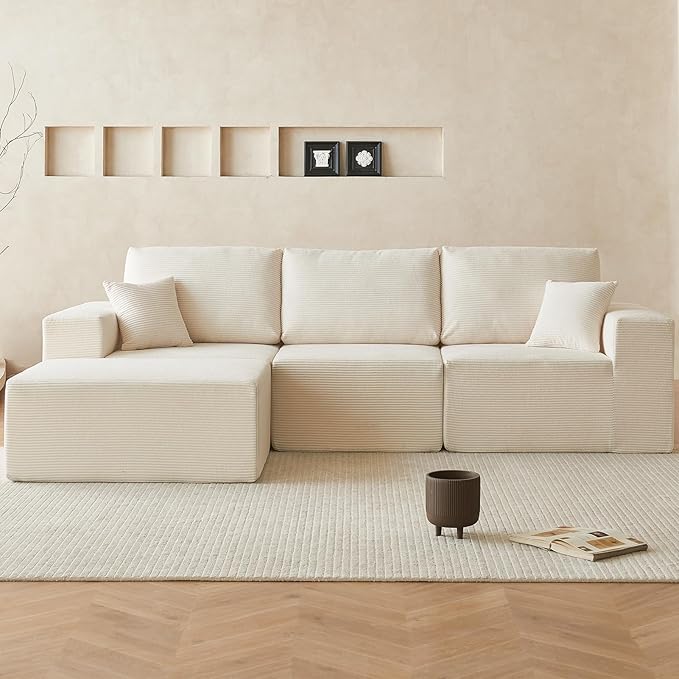 INGEROOM 108" Cloud Sectional Couch, Modular Sectional Sofa with L-Shaped Chaise, Modern Plush Corduroy Couch for Living Room Bedroom, No Assembly Required, Deep Seating（Beige）