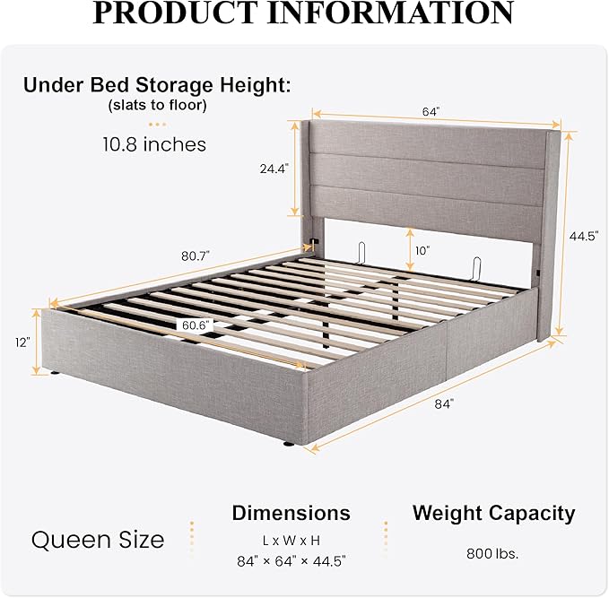SHA CERLIN Queen Size Lift Up Storage Bed/Modern Wingback Headboard/Upholstered Platform Bed Frame/Hydraulic Storage/No Box Spring Needed/Wood Slats Support/Light Beige