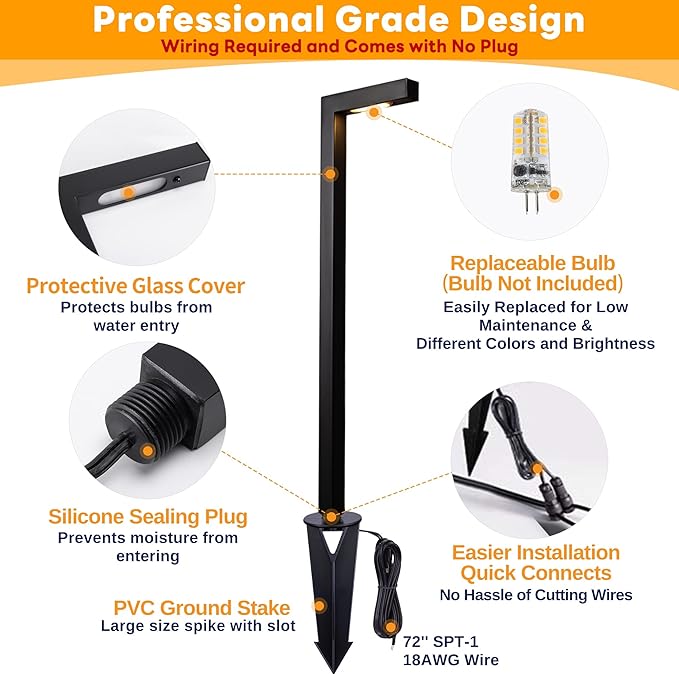 LED Pathway Lights Brass, 12V Landscape Path Lights Wired, Low Voltage Walkway Lights Outdoor Waterproof, L Shape Black for Backyard Garden Without G4 Bulb 8 Pack