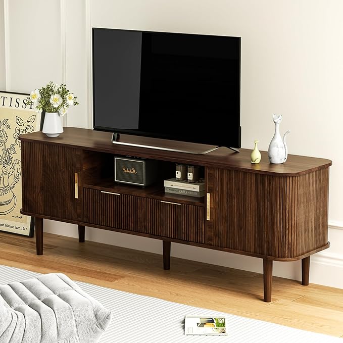 TV Stand 62.4 Inch Mid Century Modern Media Console Table with Drawer Shelves Sliding Tambour Door Farmhouse Sideboard Buffet Cabinet Fits TVs up to 75 inch Fluted Wood Entertainment Center