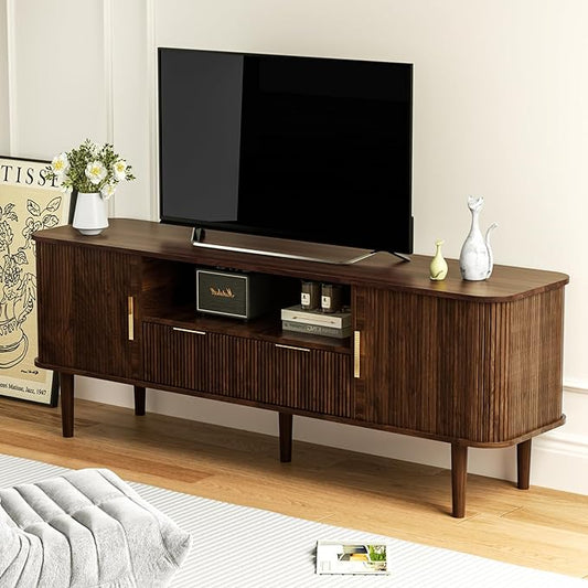 TV Stand 62.4 Inch Mid Century Modern Media Console Table with Drawer Shelves Sliding Tambour Door Farmhouse Sideboard Buffet Cabinet Fits TVs up to 75 inch Fluted Wood Entertainment Center