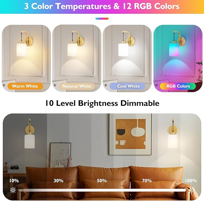 Gold Wireless Rechargeable Wall Sconce Set of Two, 15Colors Battery Operated Wall Lights, 2 Milky Glass Wall Lamps with Remote and Dimmable Bulbs, Indoor Sconces Wall Decor for Bedroom Living Room