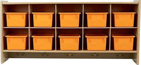 Cubby Storage Organizer Cubes, 10 Cubbies with Coat Hooks, Orange Plastic Bins, Hanging Wall Mount Cube Storage, Furniture for Kids Toys, Daycare, Classroom