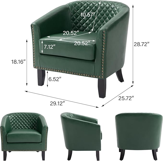Accent Barrel Chair, Upholstered Faux Leather Club Chair with Nailed Trim, Comfy Reading Armchair for Living Room Bedroom Reception Room Office (Dark Green, Set of 2)