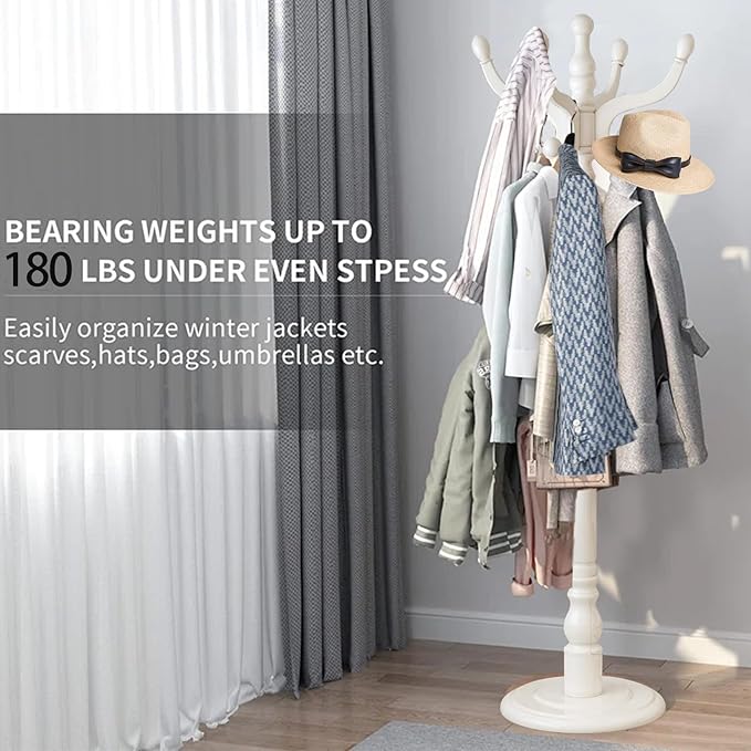 Wooden Coat Rack, Heavy Duty Coat Rack Freestanding with 11 Smooth Hooks, Coat Tree, Vintage Clothes Hanger Stand with Stable Disc Base for Bedroom, Entryway, Office-Load 180lbs (Ivory White)