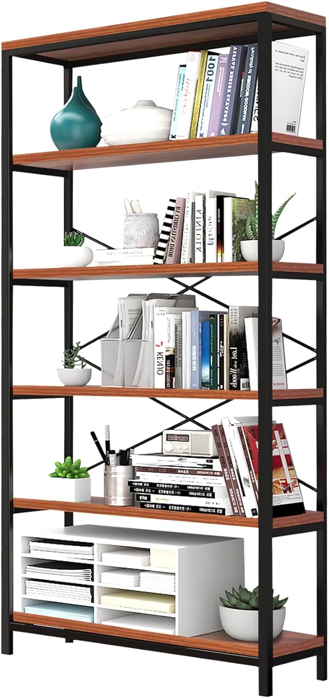 Himimi 6 Tier Industrial Bookshelf, Vintage Standing Storage Shelf, Display Shelving Units, Tall Bookcase, Industrial Metal Book Shelves for Living Room Bedroom and Home Office