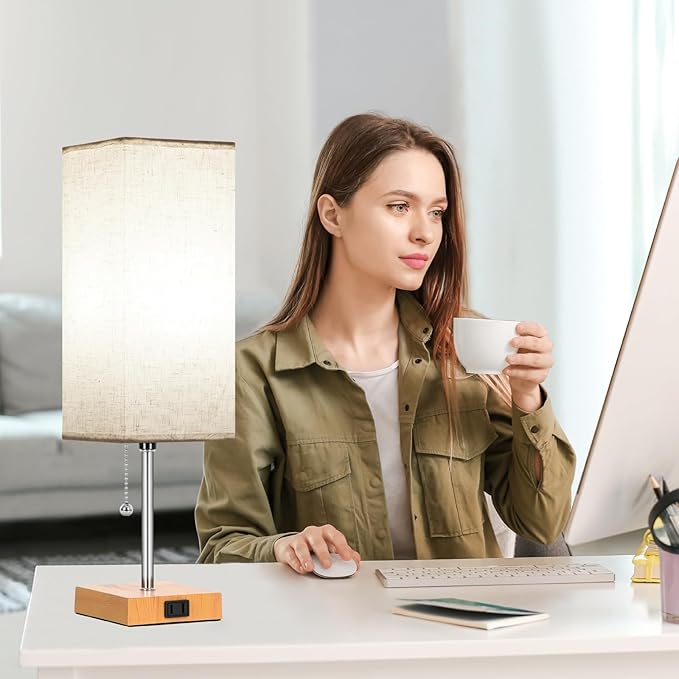 Table Lamp for Bedroom set of 2,3-Color Bedside Lamps with Pull Chain Table Lamps for Nightstand with AC Outlets,18'' Night Light Lamps with 2 Bulbs Lamps for Living Room Kids Room Office Decor（Wood）