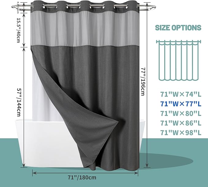 Charcoal Grey No Hook Waffle Weave Shower Curtain with snap-in Liner Replacement, 230GSM Waterproof Fabric Hotel Shower Curtain Set for Bathroom, Through Mesh Top Window,71Wx77H