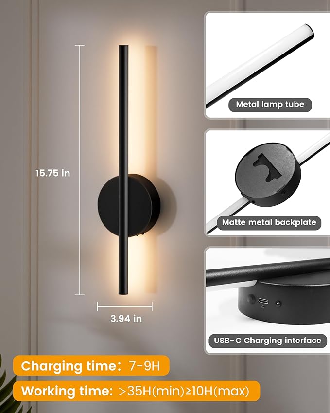 NIORSUN 15.7 Inch Battery Operated Wall Sconce Set of 2, Black Minimalism Rechargeable Wall Lights with Remote, 3CCT Dimmable Wireless Wall Lamp for Living Room Bedroom Hallway
