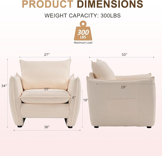 Oversized Accent Chair, Modern Single Sofa Cloud Chairs with Removable Pillow, Deep Seat Comfy Armchair for Living Room Bedroom Reading Nook - Upholstered Lounge Chair (Beige, Set of 2)