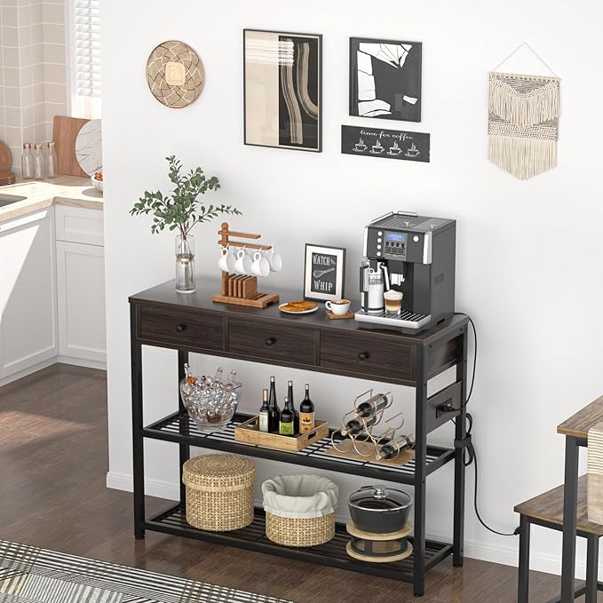 Ecoprsio 47'' Entryway Table with Outlets and USB Ports, Console Table with 3 Drawers, Sofa Table Narrow Long with Storage Shelves for Living Room, Couch, Hallway, Foyer, Black Walnut Finish