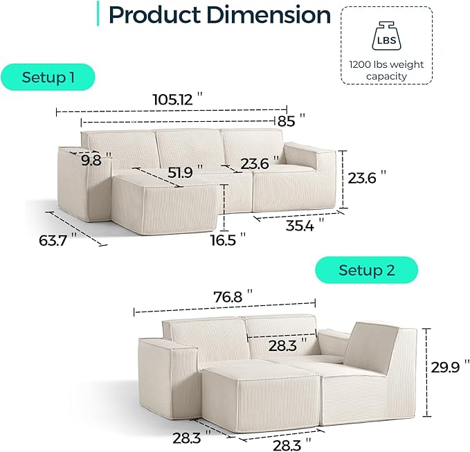 LINSY HOME Modular Sectional Sofa, 105" Boneless Couch L Shaped 3-Seat Sofa with Movable Ottoman, Corduroy Sectional Cloud Couches for Living Room, No Assembly Required, Beige