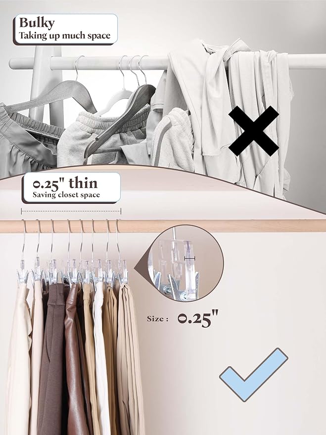 HOUSE DAY Clear Pants Hangers with Clips 25 Pack, Non-Slip Skirt Hangers for Women, Upgraded Heavy Duty Plastic Clip Hanger for Pants, Trousers, Jeans, 14" Short Hanger, 360-Rotating Swivel Hook