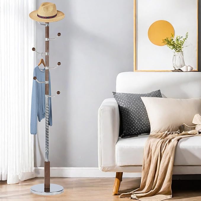 Coat Rack Freestanding, Metal Wooden Coat Tree with 6 Hooks, Heavy Duty Coat Hanger Stand with Resin and Stainless Steel Base, Free Standing Hall Tree for Scarf, Bag, Jacket (Walnut metal)