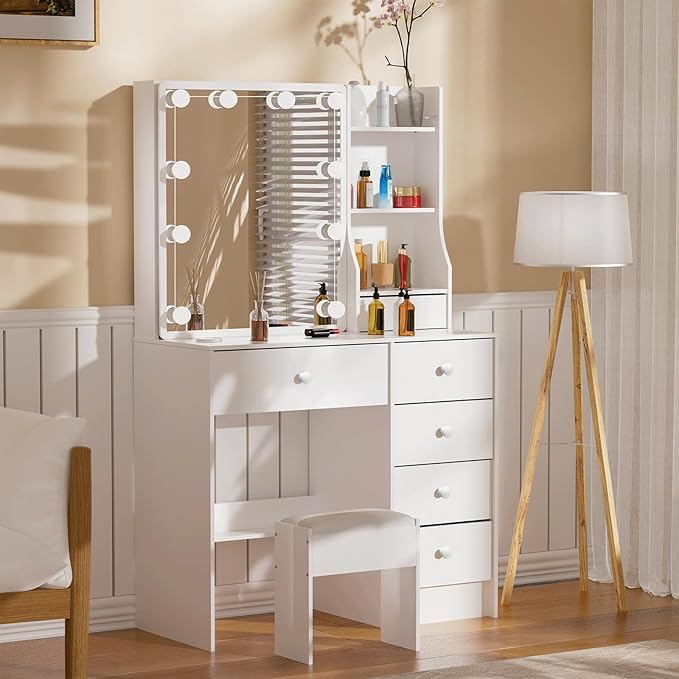 Vanity Desk with Mirror, 10 Lights, Makeup Table with 5 Drawers 6 Shelves, 3 Color Modes, Vanity Set with Chair for Bedroom, White